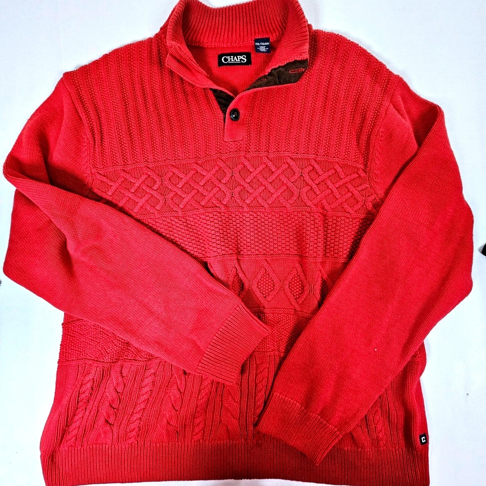 Chaps Red Cable Knit Mock Neck Quarter Button Sweater XXL Womens Mens